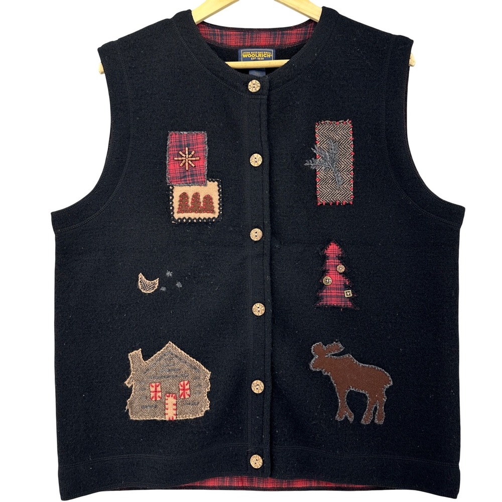 Y2K Woolrich Womens Wool Vest Plaid Cabin Moose Embroidered Black XL Cottagecore